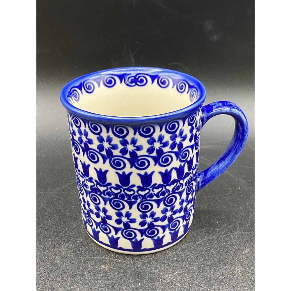 Polish Pottery Coffee Mug Andy Ceramika Bolesławica Floral Signed Unikat 8oz
